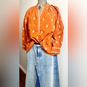 NWT Anthropologie 100%Cotton Terracotta Patterned Blouse Long Sleeve Bohemian